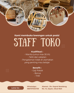 Lowongan Kerja Sebagai Staff Toko untuk Art Shop Penempatan di Ubud, Gianyar