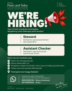 Lowongan Kerja Sebagai Steward, Assistant Checker untuk Warung Pasto and Salsa Penempatan di Canggu, Badung