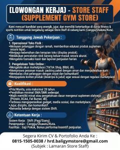 Lowongan Kerja Sebagai Store Staff untuk Supplement Gym Store Penempatan di Badung
