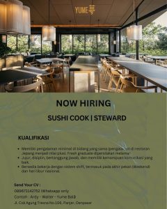 Lowongan Kerja Sebagai Sushi Cook dan Steward untuk YUME Bali Penempatan di Denpasar