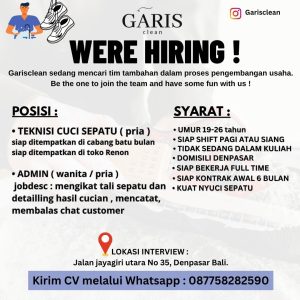 Lowongan Kerja Sebagai Teknisi Cuci Sepatu dan Admin Wanita untuk GARIS CLEAN Penempatan di Denpasar