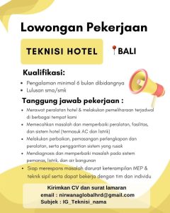 Lowongan Kerja Sebagai Teknisi Hotel untuk Nirwana Global Penempatan di Bali