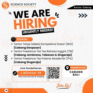 Lowongan Kerja Sebagai Tentor Tetap Seleksi Kompetensi Dasar (SKD), Tentor Freelance Tes Bahasa Inggris, Tentor Freelance Tes Potensi Akademik (TPA) untuk LKP Science Society Penempatan di Bali