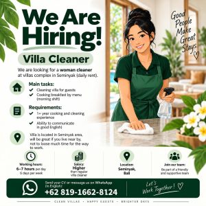 Lowongan Kerja Sebagai Villa Cleaner untuk Penempatan di Seminyak, Badung