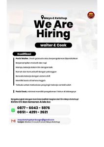 Lowongan Kerja Sebagai Waiter & Cook untuk Mayo & Ketchup Penempatan di Badung
