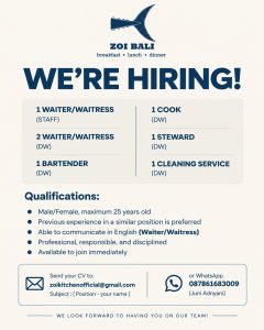 Lowongan Kerja Sebagai Waiter & Waitress (Staff & DW), Bartender, Cook, Steward dan Cleaning Service untuk ZOI BALI Penempatan di Badung
