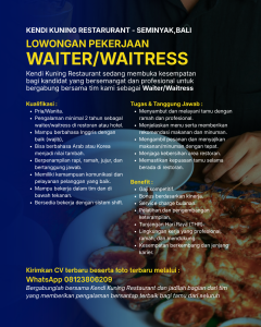 Lowongan Kerja Sebagai Waiter/Waitress untuk Kendi Kuning Restaurant Penempatan di Badung