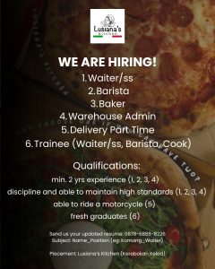 Lowongan Kerja Sebagai Waiter/ss, Barista, Baker, Warehouse Admin, Delivery Part Time, Trainee (Waiter/ss, Barista, Cook) untuk Lusiana's Kitchen Penempatan di Badung