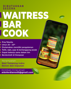 Lowongan Kerja Sebagai Waitress, Bar dan Cook untuk Tempong Indra Penempatan di Denpasar
