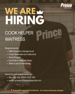 Lowongan Kerja Sebagai Waitress, Cook Helper untuk Prince Balimoon Penempatan di Gianyar
