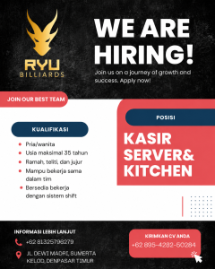 Lowongan Kerja Sebagai Kasir, Server dan Kitchen untuk RYU Billiard Penempatan di Denpasar