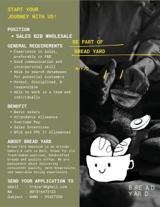 Lowongan Kerja Sebagai Sales B2B Wholesale untuk Bread Yard Penempatan di Badung