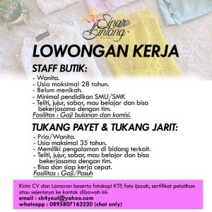 Lowongan Kerja Sebagai Staff Butik, Tukang Payet, Tukang Jarit untuk Sinar Bintang Boutique Penempatan di Denpasar