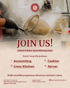 Lowongan Kerja Sebagai Accounting, Crew Kitchen, Cashier dan Server untuk Bakmi Bintang Lima Penempatan di Badung
