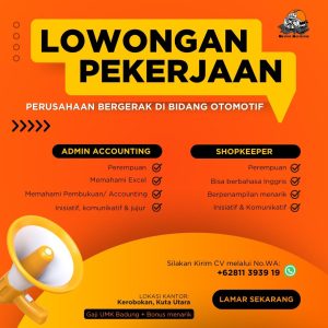 Lowongan Kerja Sebagai Admin Accounting dan Shopkeeper untuk Orange Mechanik Penempatan di Kerobokan, Badung