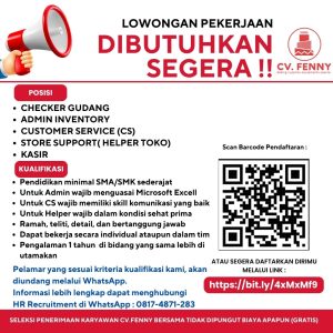 Lowongan Kerja Sebagai Admin Inventory, Kasir, Helper Toko, Checker untuk CV Fenny Bersama Penempatan di Denpasar

