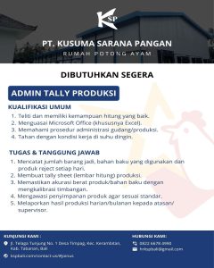 Lowongan Kerja Sebagai Admin Marketing, Admin Tally Produksi dan Driver untuk PT. Kusuma Sarana Pangan Penempatan di Bali