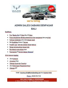 Lowongan Kerja Sebagai Admin Sales untuk Wuling Kumala Denpasar Penempatan di Denpasar