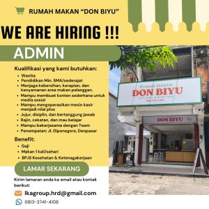 Lowongan Kerja Sebagai Admin untuk Rumah Makan "DON BIYU" Penempatan di Denpasar