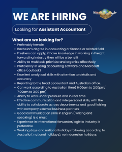 Lowongan Kerja Sebagai Assistant Accountant dan Support Sales Person untuk freight4u net Penempatan di Bali