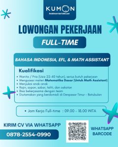 Lowongan Kerja Sebagai Bahasa Indonesia, EFL & Math Assistant untuk Kumon Pasekan Batubulan Penempatan di Gianyar