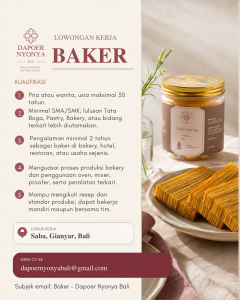 Lowongan Kerja Sebagai Baker untuk Dapoer Nyonya Bali Penempatan di Saba, Gianyar
