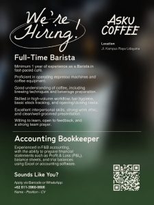 Lowongan Kerja Sebagai Barista dan Accounting Bookkeeper untuk ASKU Coffee Penempatan di Badung