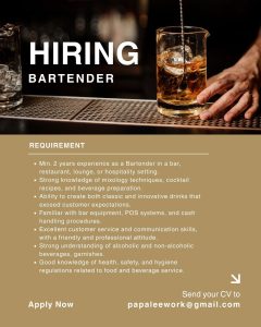 Lowongan Kerja Sebagai Bartender, Technician, Cost Control, Dumpling untuk Penempatan di Bali