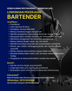 Lowongan Kerja Sebagai Bartender untuk Kendi Kuning Restaurant Penempatan di Seminyak, Badung