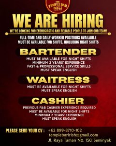 Lowongan Kerja Sebagai Bartenders, Cashiers, Waitresses untuk The Temple Bar Bali Irish Pub Penempatan di Seminyak, Badung