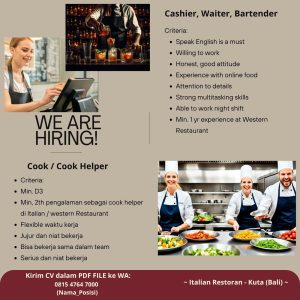 Lowongan Kerja Sebagai Cashier, Waiter, Bartender, Cook/Cook Helper untuk Italian Restaurant Penempatan di Kuta, Badung