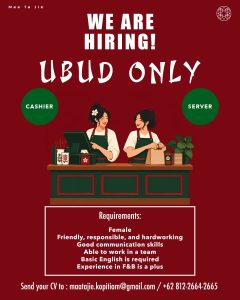 Lowongan Kerja Sebagai Cashier dan Server untuk Maatajie Kopitiam Penempatan di Ubud, Gianyar