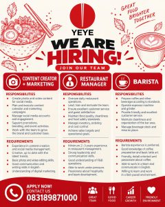 
Lowongan Kerja Sebagai Content Creator + Marketing, Restaurant Manager dan Barista untuk YEYE Penempatan di Bali