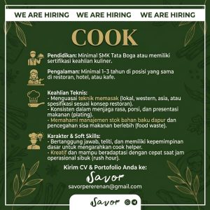 Lowongan Kerja Sebagai Cook, Cook Helper, Bar/Waiter, HRD, Accounting untuk Savor Penempatan di Pererenan, Badung