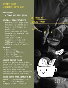 Lowongan Kerja Sebagai Cook Helper untuk BREAD YARD Penempatan di Badung