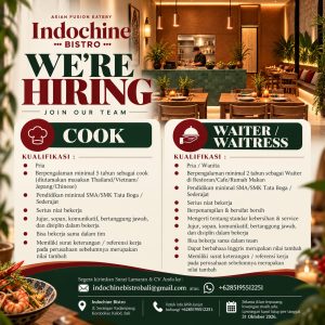Lowongan Kerja Sebagai Cook dan Waiter/Waitress untuk Indochine Bistro Penempatan di Badung