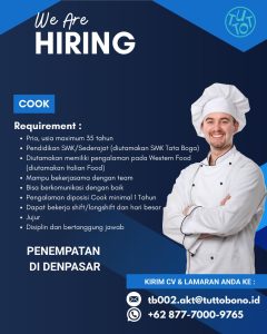 Lowongan Kerja Sebagai Cook untuk Tutto Penempatan di Denpasar