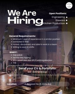 Lowongan Kerja Sebagai Engineering, Steward, dan Kitchen Production untuk Crumb & Coaster Penempatan di Kuta, Badung