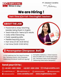 Lowongan Kerja Sebagai English Teachers untuk PT. Edukasi Carakita (English is Easy) Penempatan di Denpasar