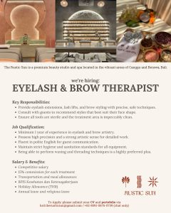 Lowongan Kerja Sebagai Eyelash & Brow Therapist, Front Office Salon, Security, Barista untuk The Rustic Sun Penempatan di Badung