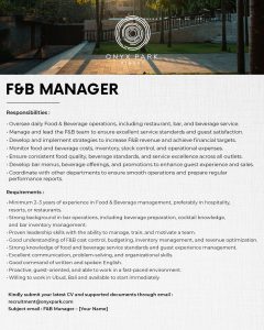 Lowongan Kerja Sebagai F&B Manager, Pool Maintenance Attendant, Engineering untuk ONYX Park Resort Penempatan di Ubud, Gianyar