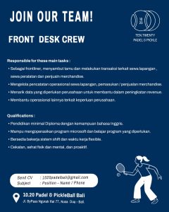 Lowongan Kerja Sebagai Front Desk Crew dan Marketing & Business Relations untuk Ten Twenty Padel & Pickle Penempatan di Nusa Dua, Badung