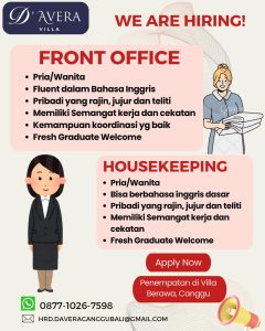 Lowongan Kerja Sebagai Front Office dan Housekeeping untuk D'AVERA VILLA Penempatan di Badung