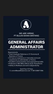 Lowongan Kerja Sebagai General Affairs dan Administrator untuk PT. Bulan Bawa Bintang Penempatan di Badung