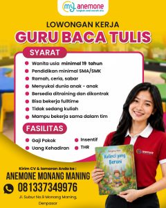 Lowongan Kerja Sebagai Guru Baca Tulis untuk Anemone Monang Maning Penempatan di Denpasar