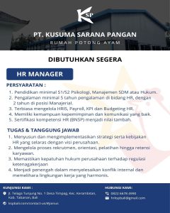 Lowongan Kerja Sebagai HR Manager, HR Supervisor, Quality Control untuk PT. Kusuma Sarana Pangan Penempatan di Tabanan