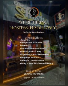 Lowongan Kerja Sebagai Hostess (Female Only) untuk The Shisha House Penempatan di Seminyak, Badung