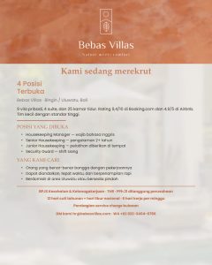 Lowongan Kerja Sebagai Housekeeping Manager, Senior Housekeeping, Junior Housekeeping dan Security Guard untuk Bebas Villas Penempatan di Badung