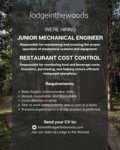 Lowongan Kerja Sebagai Junior Mechanical Engineer, Restaurant Cost Control untuk Lodgeinthewoods Penempatan di Tabanan