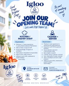 Lowongan Kerja Sebagai Kitchen/Pastry Staff dan Cashier+Server untuk Igloo Penempatan di Uluwatu, Badung